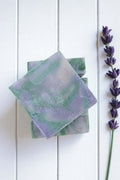 Lavender and Vanilla Calm Bar with purple and cream swirl pattern handmade by SOAPHERA UK