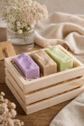 Sweet and Fresh Soap Trio by SOAPHERA featuring three handmade natural soap bars in Bergamot, Berry Muffin and Chocolate and Vanilla, individually wrapped in kraft paper
