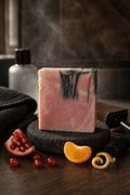 SOAPHERA Pure Energy for Men natural soap bar with pomegranate black, sweet orange and lemon, triple clay and activated carbon detox formula, handmade in the UK